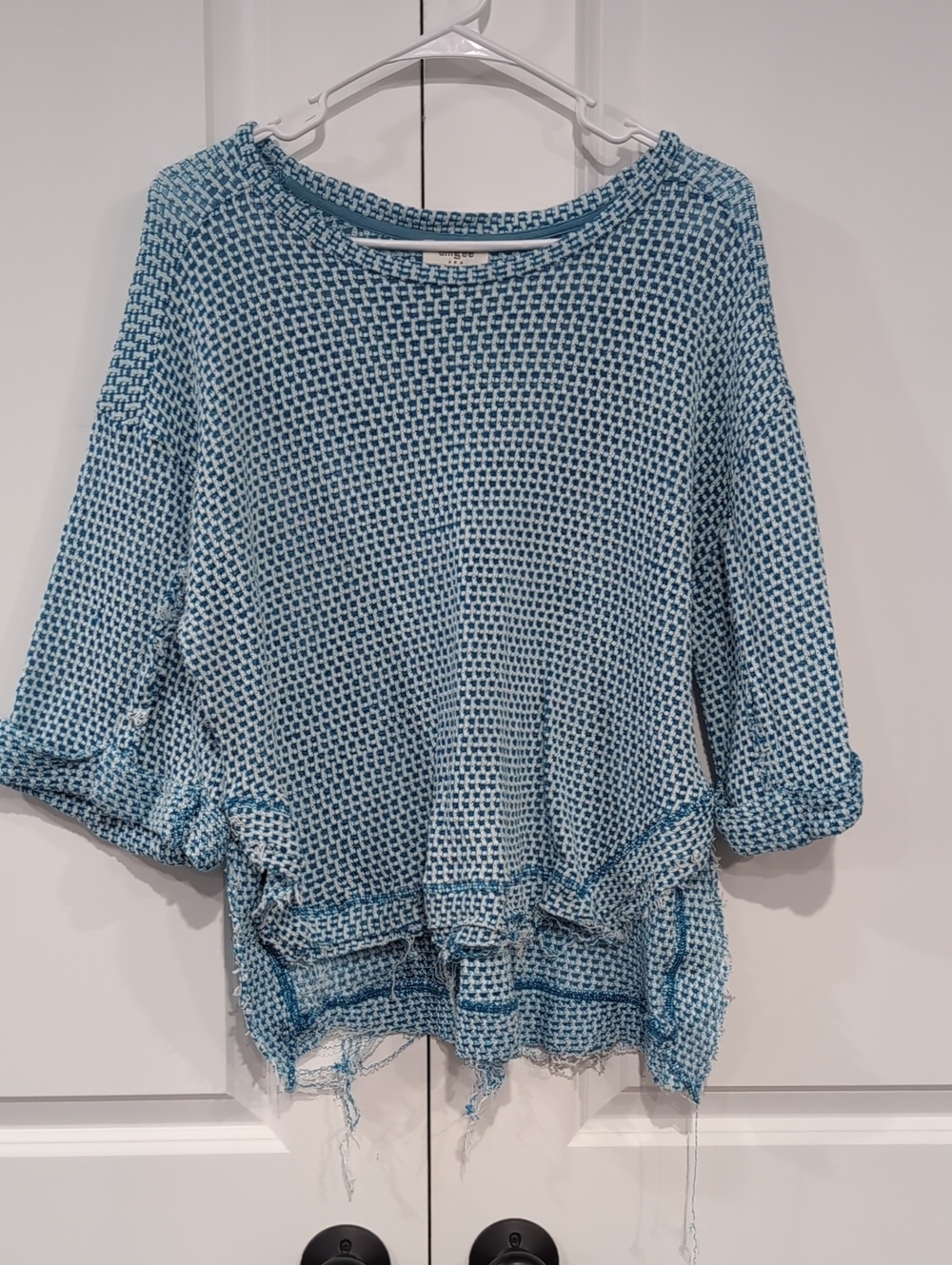 Umgee Light Blue Waffle Knit Fringe Pullover
